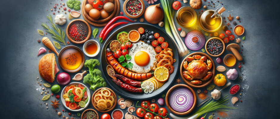 Tradycyjne potrawy Pomorza, w tym ryby z Gdańska i warzywa z Kaszub, prezentujące kulinarną tożsamość województwa pomorskiego.