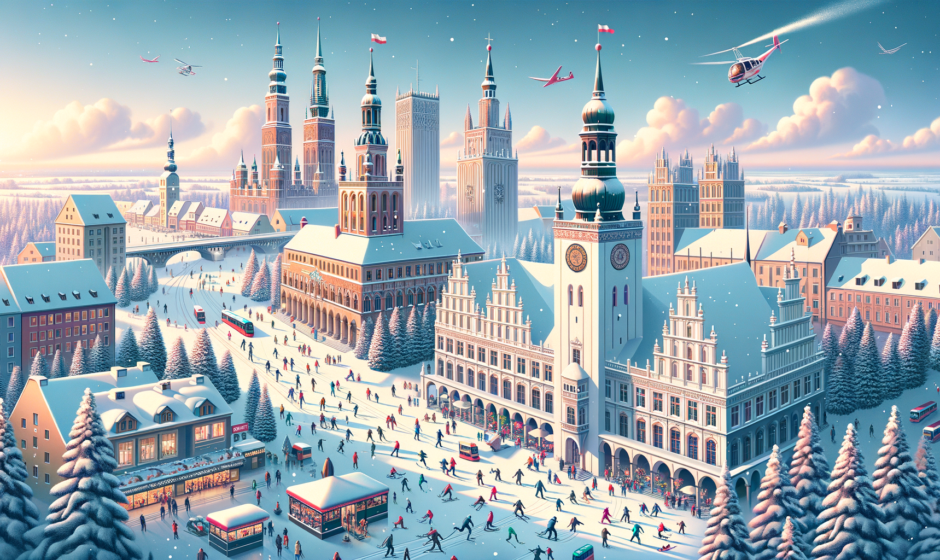 Zimowy krajobraz Pomorza z malowniczymi plażami w Sopocie, świątecznymi jarmarkami w Gdańsku oraz narciarskimi trasami w Borach Tucholskich.